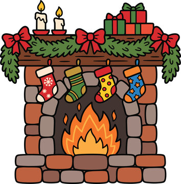 Cozy Christmas Fireplace with Stockings and Holiday Decor Flat Vector Illustration