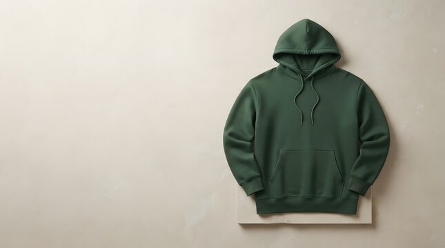 Blank forest green hoodie mockup flat lay on stone podium with empty copy space on neutral background for apparel branding.