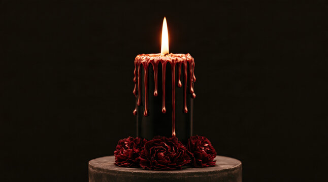 Black pillar candle with melted red wax dripping, burning against a dark background, surrounded by dark red carnations