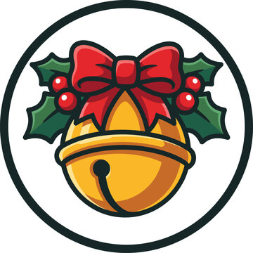 Merry Christmas Badge with Single Golden Bell Flat Vector Illustration