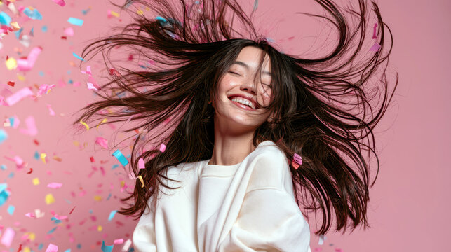 Young woman smiling with closed eyes, feeling joy and excitement, confetti flying around her dark hair