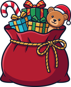 Santa Red Christmas Gift Sack Overflowing with Presents Flat Vector Illustration