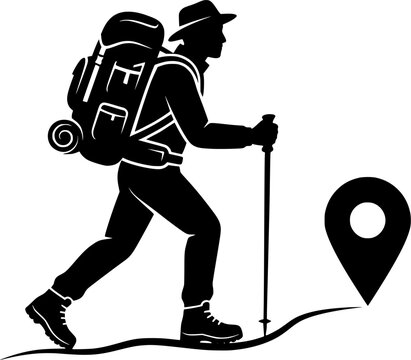Vector illustration of a male hiker walking with a heavy backpack, hat, and trekking pole towards a map destination location pin icon, representing outdoor navigation, hiking trail location, adventure