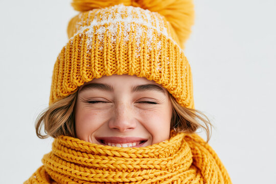 Happy young woman smiling, closing eyes, wearing yellow knit hat and scarf in snowy winter