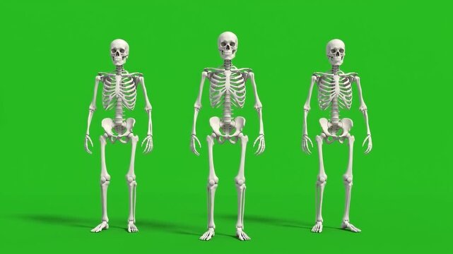 Halloween skeleton green screen standing confident model figure character posing scary horror spooky human bone anatomy body dead render three funny