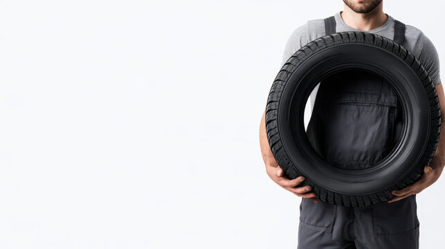 Auto mechanic holding car tire, offering automotive service, vehicle maintenance, and wheel repair with copy space