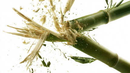 Naklejka premium Green Bamboo Stalk Breaking Apart with Flying Splinters and Debris, Natural Material Strength and Structural Failure Concept on White Background