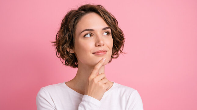 Thoughtful young woman in pink studio portrait with finger near lips, perfect creative concept for advertising, marketing and editorial design