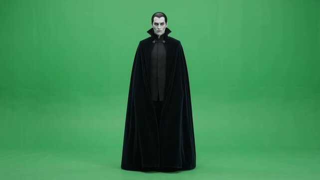 Vampire halloween green screen scary man costume cape black adult male monster horror fantasy evil portrait fiction undead fear dark pale spooky