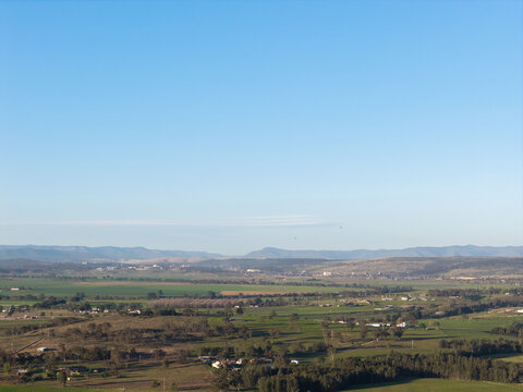 aerial landscape of properties and farmland with scattered trees in the Hunter Valley