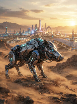 A metallic mechanical wild boar stands on a desert cliff overlooking a futuristic high tech city at golden sunset hour