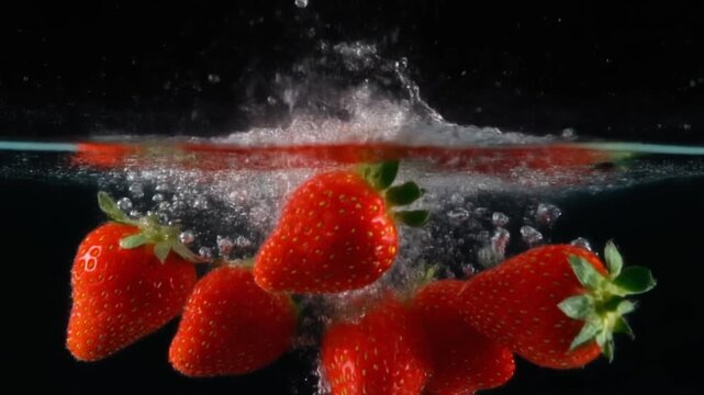 Fresh strawberries splash water footage