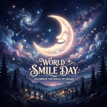 Fantasy moon with smiling face over starry night sky