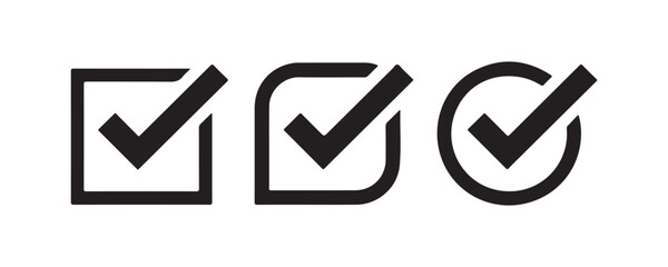 Set of black check mark icons in square and circular shapes for user interface. © MDRASELAL