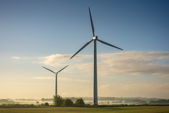 Wind turbines on a green field at sunrise
