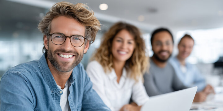 Diverse Startup Team Discussing AI Business Strategy &mdash; Modern Workspace Team Portrait

