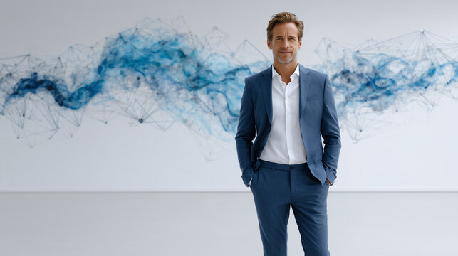 Business Consultant with AI Workflow Visualization &mdash; Corporate Studio Portrait

