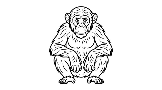 Black and white chimpanzee vector illustration, sitting monkey line art graphics, monochrome ape animal outline drawing