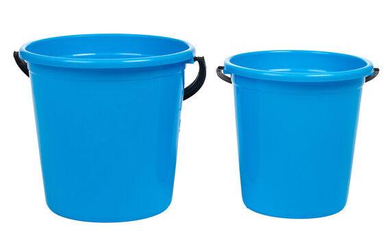 Two blue plastic buckets of different sizes on a white background