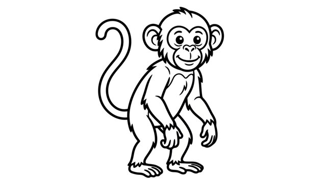Cute monkey coloring page vector illustration, cartoon ape line art for kids activity book, cheerful wild animal outline illustration for children project