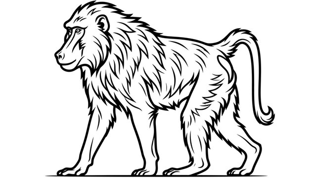 Baboon line art vector illustration, wild monkey standing profile outline drawing, safari animal graphic element