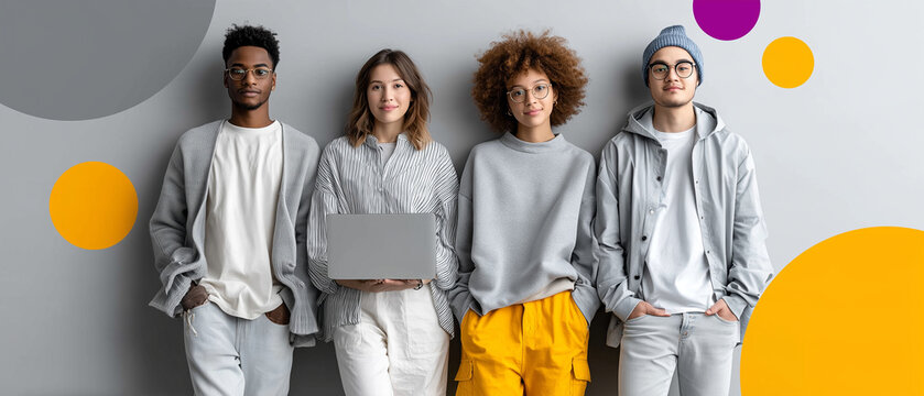 Diverse Students Collaborating Around AI Learning Platform &mdash; Modern Education Team Portrait

