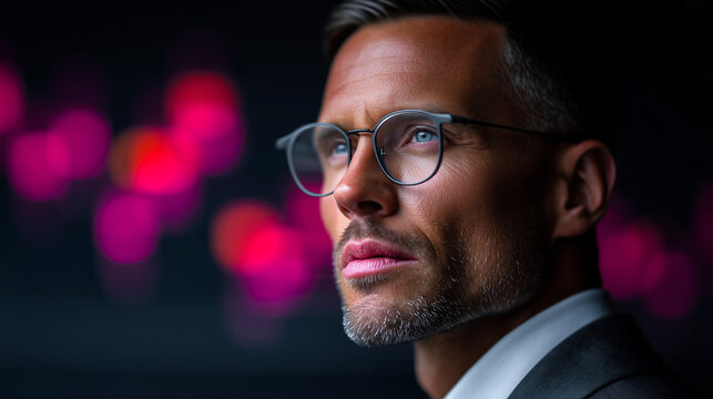 Investment Advisor with Floating AI Market Analytics &mdash; Luxury Fintech Corporate Portrait


