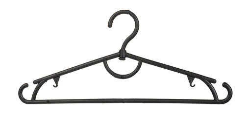 Naklejka na ściany i meble Black plastic clothes hanger with a curved hook and clips for holding garments