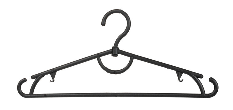 Black plastic clothes hanger with a curved hook and clips for holding garments