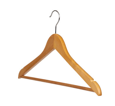 Wooden hanger is hanging in an empty space in a well-lit room