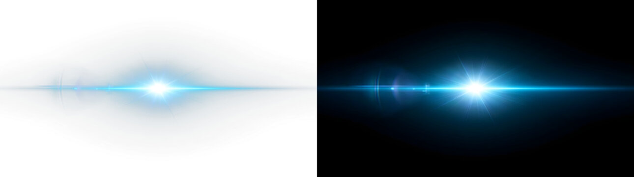 Blue optical lens flare with glowing light streak effect and bright starburst flash isolated on transparent background