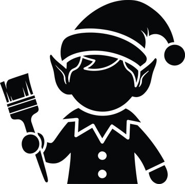 Minimalist black silhouette of a Christmas elf holding a brush