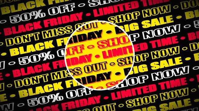 High-energy 10-second seamless looping Black Friday promo. Features bold kinetic typography, isometric scrolling text walls, dynamic center heartbeat mask revealing inverted neon colors, and a strikin