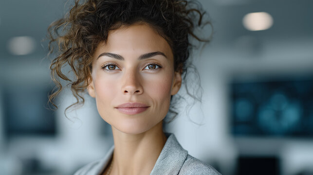 Confident Young Businesswoman in Modern Office with AI Data Glow &mdash; Corporate Portrait

