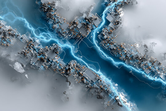 Macro Overhead Shot of Semiconductor Chip with Blue LED Test Signals &mdash; Microchip Circuit Visualization

