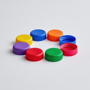 Various colored bottle caps arranged in a circle on a plain surface. National Recycling Day