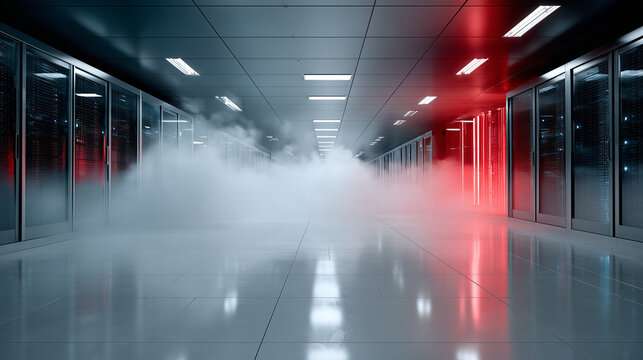 Dark Server Room with Crimson Breach Glow and Cyan Racks &mdash; Cybersecurity Data Center Visualization

