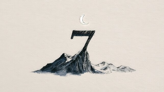A hand-drawn sketch of number seven forming a mountain peak under a crescent moon on textured paper. Perfect for fantasy book covers and creative typography art.
