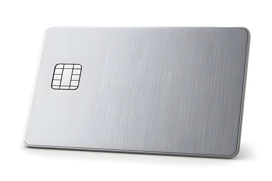 Minimalist banking metallic card template featuring silver steel credit card with smart metal chip layout.