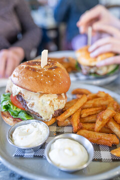 cafe lunch with burger and chips