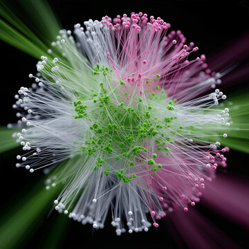 Overhead DeFi Network Map with Green Nodes and Magenta Filaments &mdash; Blockchain Visualization

