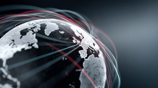 Dark Globe with Crimson Payment Arcs and Cyan Confirmation Signals &mdash; Global Finance Network Visualization

