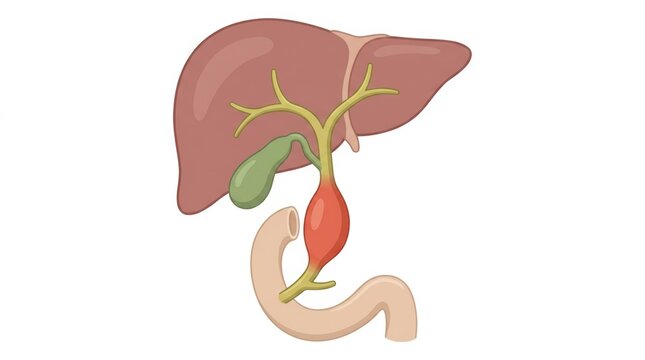 Medical illustration of a choledochal cyst showing the dilated common bile duct in the anatomy