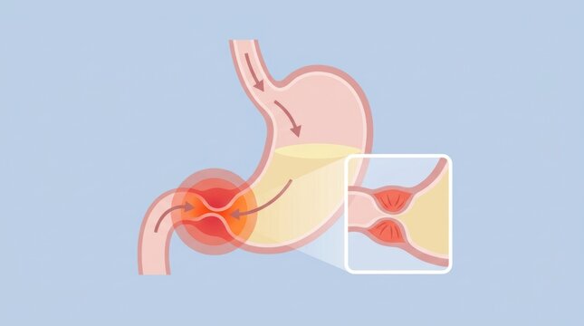 Medical illustration showing pyloric stenosis with a narrowed stomach outlet and inflammation