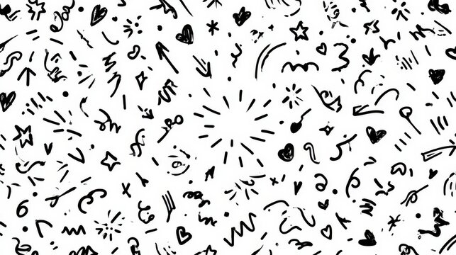 Doodle pattern with hand drawn black ink symbols and abstract scribbles on white background. Playful background texture for creative projects.