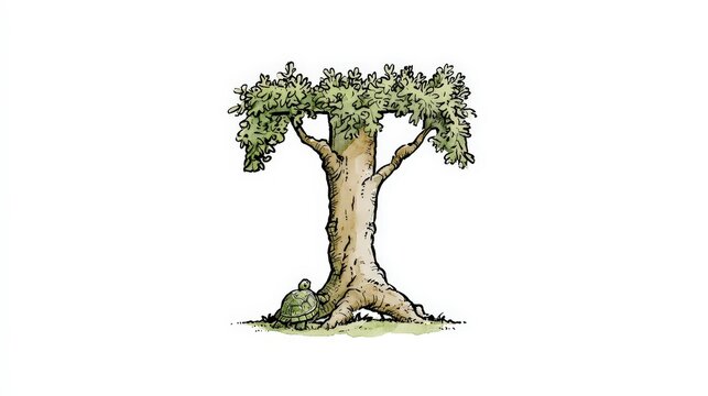 Whimsical illustration of a tree shaped like the letter T with a turtle isolated on white background. Ideal for alphabet books and educational posters.