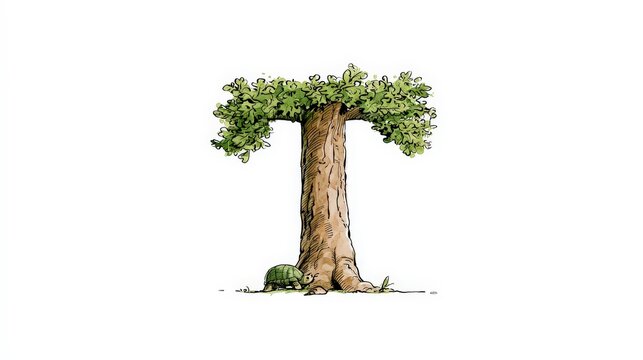 Big oak tree shaped like the letter T with a turtle isolated on white background. Nature alphabet concept for children learning materials.