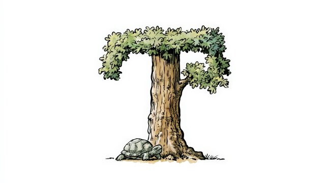 Hand-drawn tree shaped as letter T with a tortoise isolated on white background. Ideal for educational alphabet and nature graphics.