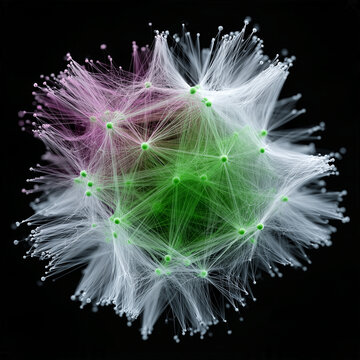 Overhead DeFi Network Map with Green Nodes and Magenta Filaments &mdash; Blockchain Visualization

