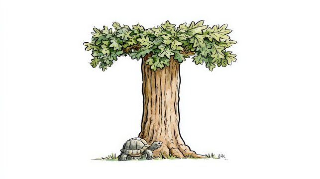 Illustrated letter T shaped as an oak tree with a tortoise isolated on white background. Educational alphabet concept for children book illustrations.